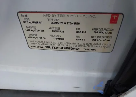 2016 Tesla Model X из США, поврежденный, VIN 5YJXCAE26GF004023